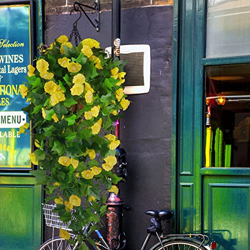Artificial Fake Hanging Flowers Plants Basket for Spring Outdoor Outside Decoration, UV Resistant Faux Plastic Fabric Flower Morning Glory Wisteria Petunia for Garden Porch Patio Balcony Yard Decor - color: Yellow