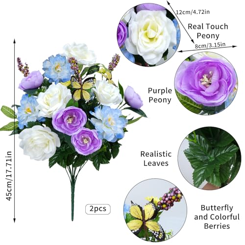 14 Stems Spring Cemetery Flowers for Grave Silk Rose with Butterfly Penoy Bouquet Purple White Fake Floral Arrangement Artificial Rose Flowers Memorial Flowers for Grave Vase Outdoor Table Decor 2Pcs - color: Light Purple White-2pcs