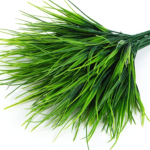 Ouddy Decor 24 Bundles Artificial Plants Outdoors Fake Wheat Grass Faux Greenery Stems Plastic Shrubs UV Resistant for Patio Garden Porch Window Box Spring Home Decor, Green - color: Green, size: 24 Bundles
