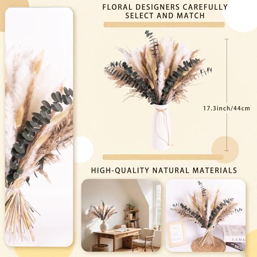 Natural Dried Pampas Grass Bouquet with Eucalyptus, 17” Boho Floral Arrangement for Vase, Home Office Farmhouse Decor, Wedding Centerpieces, Rustic Home Decor