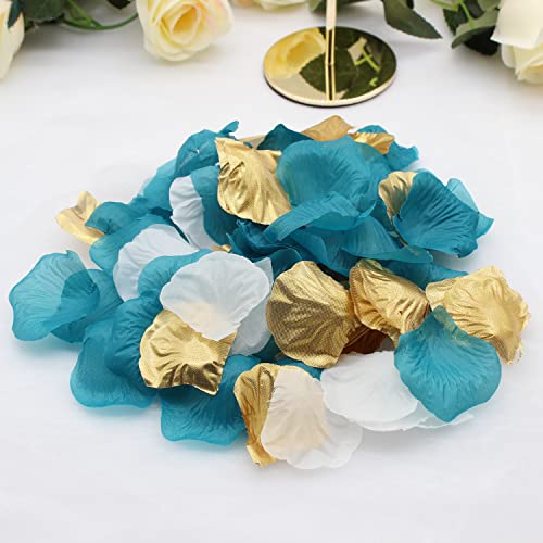 2NDTONONE 900PCS Teal Gold White Silk Rose Petals Turquoise Aqua Artificial Flower Petals for Wedding Party Table Confetti Aisle Runner Flower Girl Bridal Shower Hotel Home Vase Decoration