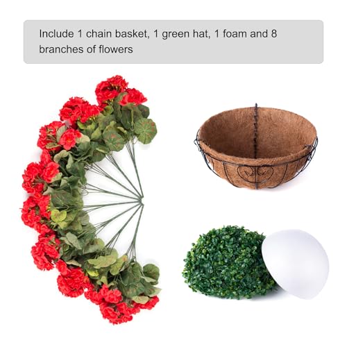 INSPRING Geraniums Artificial Flowers Hanging Basket for Outdoors Outside Spring Decoration, 8 Bundles Silk Flowers Fake Plants Look Real UV Resistant for Porch Home Patio Balcony Yard, Red - color: Red