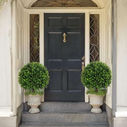 AOKIIE 24" Artificial Boxwood Topiary Bushes UV Resistant for Outdoor 2PCS | Artificial Shrubs with Ground Spike, Green Faux Outdoor Plants for Indoor & Outdoor Garden, Yard, Porch, Patio - color: Green