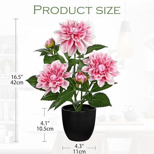 GnFlus Artificial Plants & Flowers in Pot Pink Dahlia Artificial Flowers Potted Plant Faux Silk Flower with Pot Fake Flower for Home Bathroom Table Centerpieces Wedding Shelf Desk Decor 16.5 Inch - color: Pink-16.5
