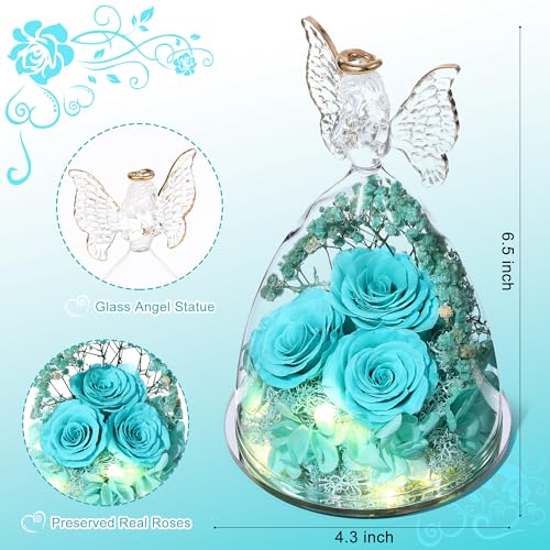 Mothers Day Rose Gifts for Women Preserved Real Flower in Glass Angel Figurines Roses for Delivery Prime Birthday Gifts for Mom Grandma Girlfriend Wife Her - Tify Blue - color: Aqua Blue