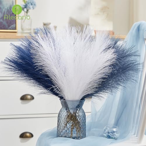Alecono 30Pcs Pampas Grass Decor 17 inch, Blue Artificial Faux Decorations for Living Room Bathroom Decor (White, Blue, Indigo) No Vase - color: White & Blue & Indigo, size: 30pcs