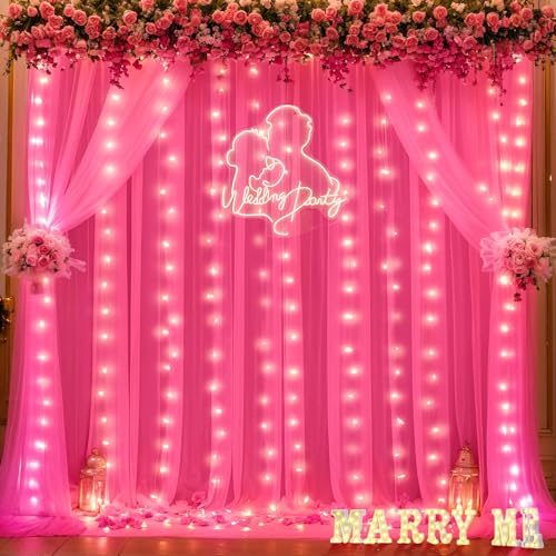 Hot Pink Tulle Backdrop Curtain with Lights for Parties 10x8ft Fuchsia Sheer Backdrop Curtains for Weddings Birthday Baby Shower Photo Shoot Background Decorations - color: Hot Pink, size: 10 ft X 8 ft(2 Panels 5ft X 8ft)