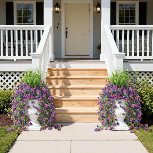 Hommyea Artificial Hanging Flowers for Outdoors with Wheat Grass, 5 Pcs Fake Hanging Plants for Spring Decor, UV Resistant Faux Silk Flower Greenry for Planter Porch Patio Yard Garden(Double Purple) - color: Z Double Purple With Grass