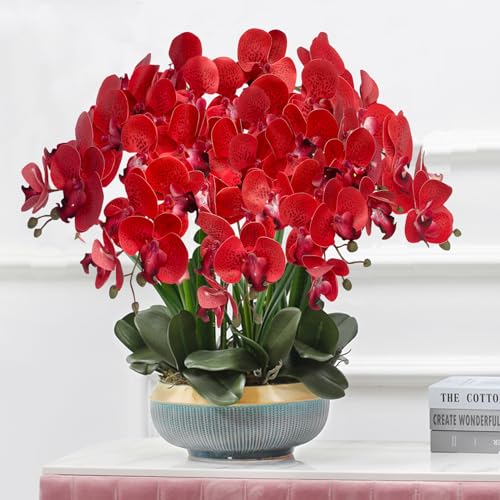 FagusHome 32 Inch Artificial Phalaenopsis Flowers 6 Pcs Artificial Orchid Flowers Stem Plants for Home Décor (Red Piebald) - color: Red Piebald