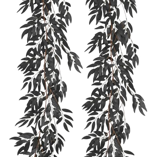 RECUTMS Artificial Hanging Willow Leaves Vine Twigs 2Pcs 5.7Ft Halloween Black Leave Garland Fake Silk Willow leaf Ivy Faux Greenery Plant for Indoor Outdoor Jungle Birthday Fall Christmas Party Decor - color: Brown