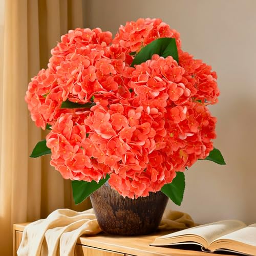 A Bunch 21in, Orange Real Touch Hydrangea Artificial Flowers, with 10pcs Flower Head 20pcs Leaves, Faux Hydrangea Flowers for Home Office Decor Wedding Party Arrangements (2, Orange-red) - color: Orange-red, size: 2 Bunch