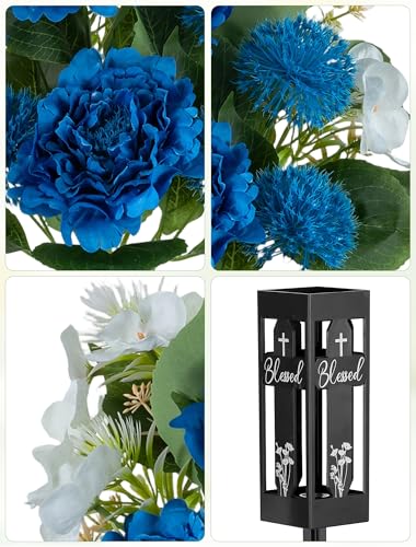 Artificial Grave Flowers for Cemetery: 2 Pcs Memorial Day Flowers for Cemetery Grave Decorations - Fathers Day Outdoor Silk Blue White Peony Flower Bouquet with Vase for Gravesites - color: Blue & White