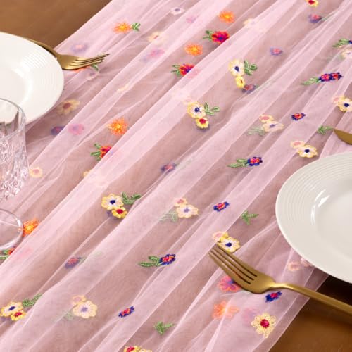 Socomi Flower Table Runner Summer Daisy Floral Tulle Gauze Cheesecloth Embroidery Table Runners for Tea Party Garden Wedding Bridal Baby Shower Birthday Picnic Decor Pink 1pc - color: Daisy Pink, size: 10ft X 1pc
