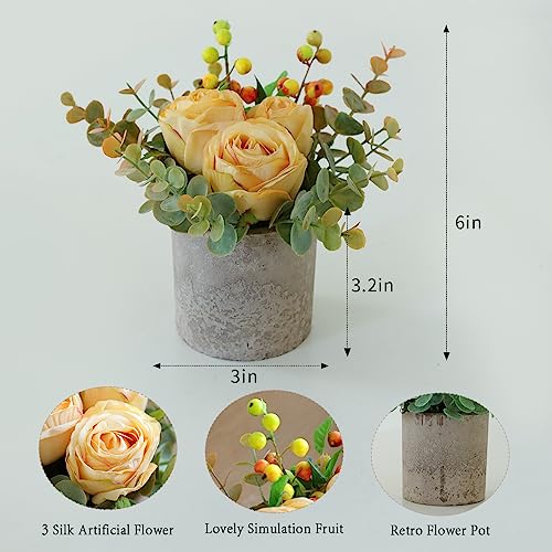 Small Artificial Burnt Yellow Rose Potted Plant, 6" Fake Silk Flowers in 3" Cylindrical Pot, Mini Faux Floral Arrangement for Desk Shelf Bathroom Decor - color: Burnt Yellow