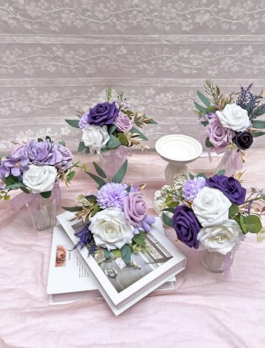 Marriwise Set of 6 Purple Assorted Wedding Flower Centerpieces Pre-Made Mini Bridesmaid Bouquets Artificial Floral Lavender Table Decor for Wedding Decorations Shower Home Decor (Purple) - color: Purple