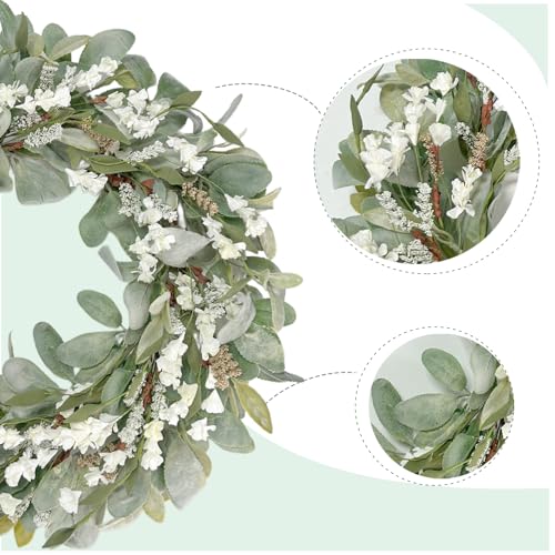22 Inch Spring Summer Lamb Ears Leaves Wreath with Ivory Forsythia Flower, Year Round Greenery Floral Wreath for Front Door, All Seasons Rustic Farmhouse Everyday Wreath for Indoor Outdoor Decor - color: Wreath