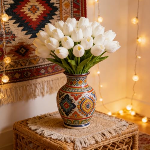 Artificial Tulips Bridal Wedding Festival Decor Bouquet Real Touch PU Flower Bouquet Pack of 20 (White) - color: White