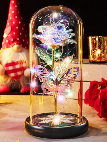 Mothers Day Flowers Gifts for Mom Women Birthday Gift, Galaxy Glass Rose Forever Eternal Crystal Rose in Glass Dome with Butterfly Mother's Day Roses Gifts for Mom Daughter Wife Women Grandma Colorful - color: B Colorful