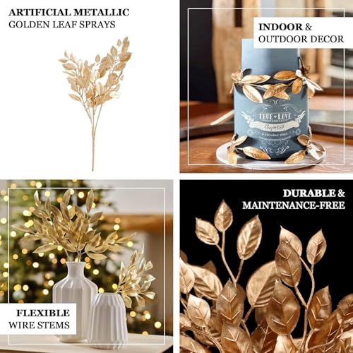 Efavormart 4 Pack 14 inch Metallic Gold Artificial Italian Ruscus Leaves Branches, Faux Spray Plant Stem Vase Fillers for Textured Floral Design - color: Type20