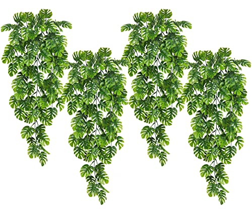 RECUTMS Artificial Hanging Plants 4Pcs, Fake Monstera Leaves Ivy Vine Faux Greenery UV Resistant Tropical Palm Leaf Swag Plant for Garden Home Jungle Hawaiian Luau Party Outdoor Indoor Spring Décor - color: Palm Leaf Hanging Plants 4pcs