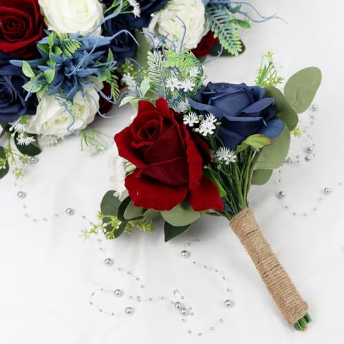 Set of 6 Bridesmaid Bouquets for Wedding - 7 Inch Artificial Flowers Bouquets for Ceremony Anniversary Centerpieces Decorations - Burgundy & Navy Blue & White - color: Burgundy & Navy Blue, size: Set of 6 Bridesmaid Bouquets