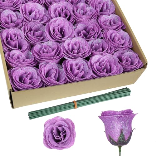 30PCS Purple Glitter Roses Artificial Flowers Fake Roses with Stems for Wedding Bouquet Party Christmas Home Decor(Purple) - color: Purple