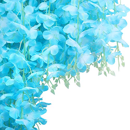 U'Artlines 24 Pack(Total 86.4 Feet) Artificial Fake Wisteria Vine Rattan Hanging Garland Silk Flowers String Home Party Wedding Decor (24, Blue) - color: Blue
