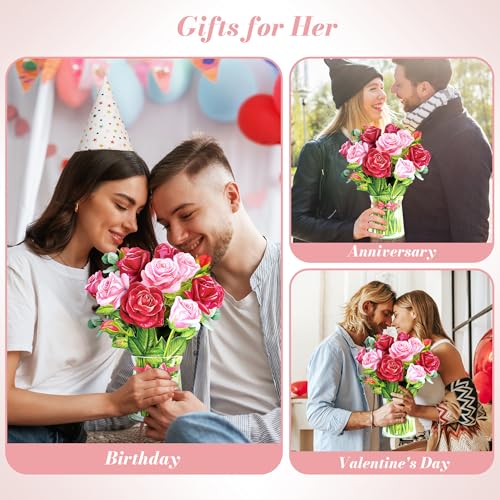 Airpark 3D Pop Up Paper Flowers Bouquet Card 12’‘ with Note & Envelope, Birthday Gifts, Anniversaries, Get Well, Thank You, Greeting Cards for Women Mom Wife Friends, Red Rose - style: Roses