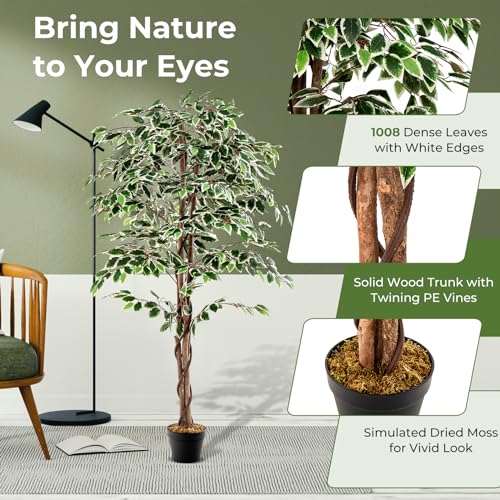 Goplus Artificial Ficus Tree, 5.5ft Tall Lush Faux Tree for Home Decor Indoor with 1008 Leaves, Sturdy Nursery Pot, Decorative Fake Ficus Tree Artificial Plants for Office, Living Room, Porch