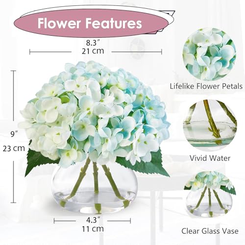 Hydrangea Artificial Flowers in Glass Vase, Blue Silk Fake Flowers Silk Centerpiece Table Decorations for Dining Room， Coffee Table Decor，Wedding, Home with Faux Water Decor（Light Blue） - color: Light Blue