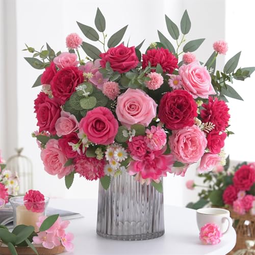 10 Pcs Mixed Artificial Flower Set, Artificial Peony Bouquet Fake Rose Flower Silk Floral Arrangements for Table Centerpiece Home Wedding Party Bridal Vase Decoration(Mixed Pink, 6 Bouquets & 4 Stems) - color: Mixed Pink, size: Mixed 10pcs