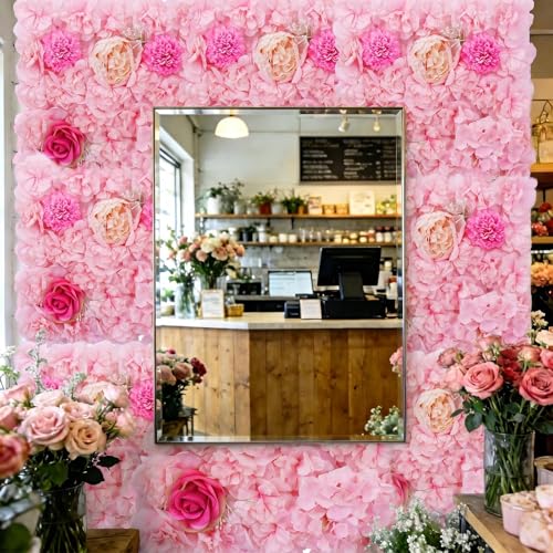 Zythrem 12-Pack Flower Wall Backdrop Rose Pink Backdrop 15×15 Inch Artificial Silk Flower Panels 3D Pink Flower Wall for Wedding Birthday Party Home Event Photography Background - color: Pink