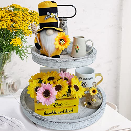 Bee Decor, Wood Bee Crate Decorations, Humble Bee Gnome Plush with Honey Dipper,Rustic Farmhouse Bee Tiered Tray Decor, Mini Wood Crate with Artificial Sunflowers Decor, Summer Decorations for Home