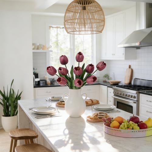 Deep Red Fake Tulips,18.5" PU Artificial Tulips Flowers for Spring Easter Home Kitchen Wedding Bouquet Bulk Mother's Gift Day Decorations - color: Deep Pink