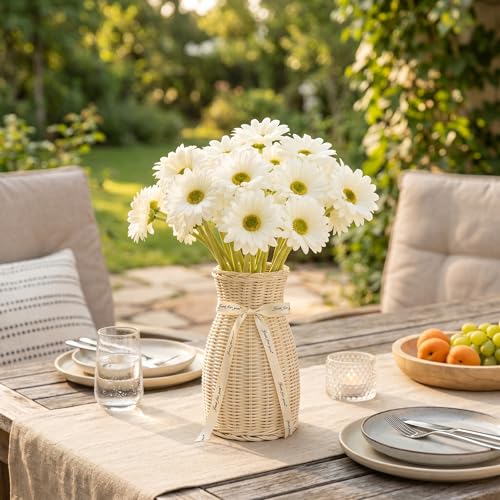 WILLBOND 18 Pcs Artificial Gerbera Daisies Flowers 15 in White Fake Daisy Bouquet with Flexible Stems Boho Faux Wildflower for Wedding Bridal Groovy Party Home Kitchen Decor - color: White