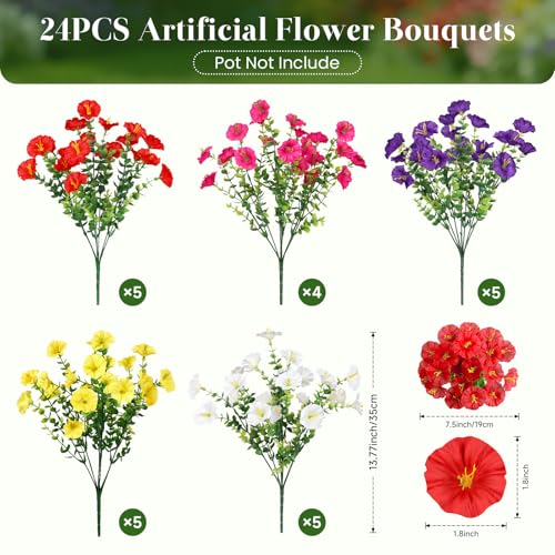 Alupssuc 24 Bundles Artificial Flowers for Outdoors Spring Decoration, UV Resistant Faux Petunia Silk Morning Glory with Eucalyptus Realistic Fake Flowers for Yard Planter Porch Garden, 5 Colors - color: Red, Fuchsia, Deeppurple, Yellow, White