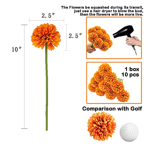 10Pcs Artificial Fake Flower Plants Silk Chrysanthemum Ball Hydrangea Arrangements Wedding Bouquets Decor Home Kitchen Garden Party Table Floral Centerpieces DIY (Orange) - color: Orange