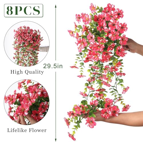 GLIDLION 8 PCS Artificial Morning Glory & Eucalyptus for Outside, Realistic Sun Resistant Fake Silk Hang Flower Faux Eucalyptus Leave for Patio Farmhouse Garden Porches Balcony Decor (Rose Red) - color: Rose Red