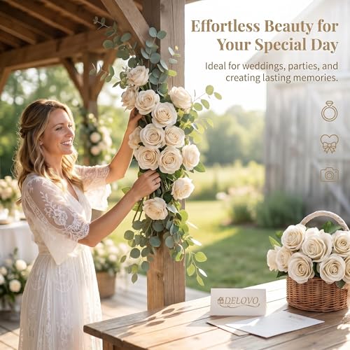52pcs Beige Roses Artificial Flowers Fake Flowers Silk Roses with Stems for DIY Wedding Bouquets Bridal Shower Centerpieces Arrangements Party Decorations - color: Beige