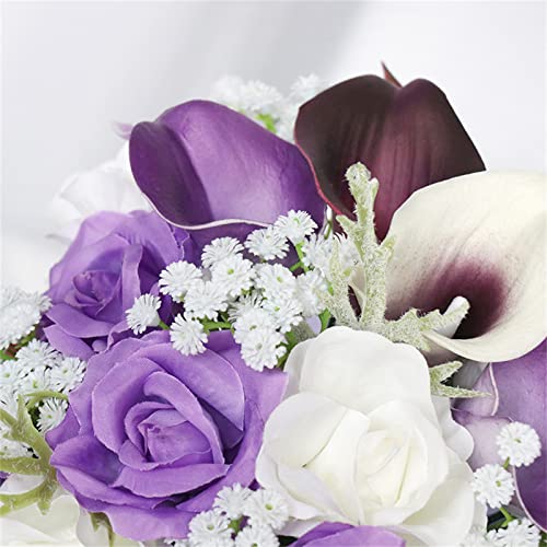Purple White Wedding Bouquets for Bride Bridesmaid Artificial Flower Handheld Cascade Bridal Tossing Bouquet for Wedding Anniversary Bridal Shower Party Valentine's Day Party Decorations - color: Purple Bouquets