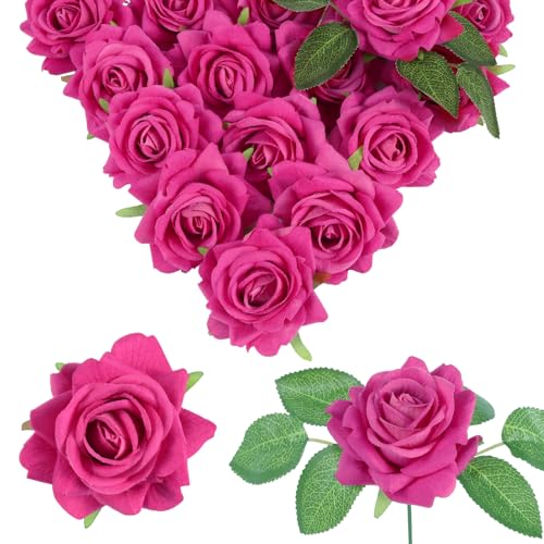 Hot Pink Roses 16pcs Velvet Artificial Roses with Stems Hot Pink Artificial Flowers 3.15" for Bridal Bouquet Wedding Flowers for Floral Centerpieces Home Party Decor (Hot Pink) - color: 3.15" Hot Pink