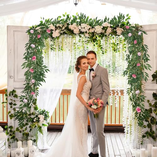 RECUTMS Artificial Hanging Willow Leaves Vine Twigs Whit Roses Flower 2Pc 5.7Ft Faux Ivy Plant Silk Green Leaf Rose Floral Garland Greenery Indoor Outdoor Wedding Jungle Birthday Party Garden Decor - color: Green With Roses
