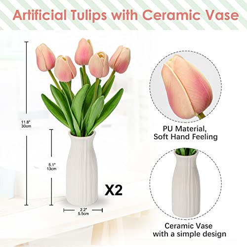 Briful 2 Packs Faux Flowers Artificial Tulips with Ceramic Vase, Poly Foam Pink Tulips Real Touch Flower Arrangement for Home Kitchen Wedding Centerpiece Decoration - color: Pink