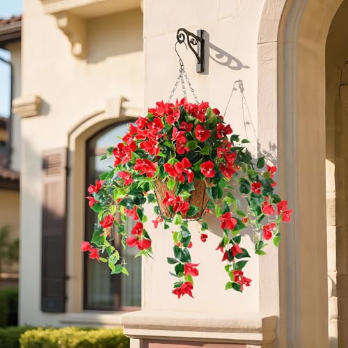 Homsunny Artificial Hanging Flowers Plants Basket for Outdoor Decoration,4 PCS Faux Silk Bougainvillea Vine Flowers Look Real UV Resistant for Outside Porch Patio Yard Garden Decor(Red) - color: Red