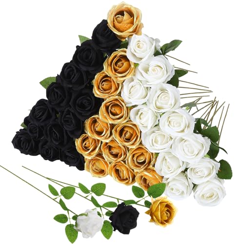 36 Pcs Velvet Texture Black, Gold, White Artificial Flowers Bridal Bouquet, Fake Rose Long Stem Realistic Flowers Bulk for Valentine's Day Wedding Bouquet Ball Arrangement Centerpiece Party - color: Black, Gold, White