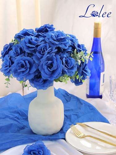 LELEE 108pcs Roses Head Flowers with Stem - Royal Blue Artificial Flowers Rose Bulk - Silk Rose Fake Flower for Wedding Bouquet Party Home Decor DIY Baby Shower Centerpieces Tables Decoration - color: Blue