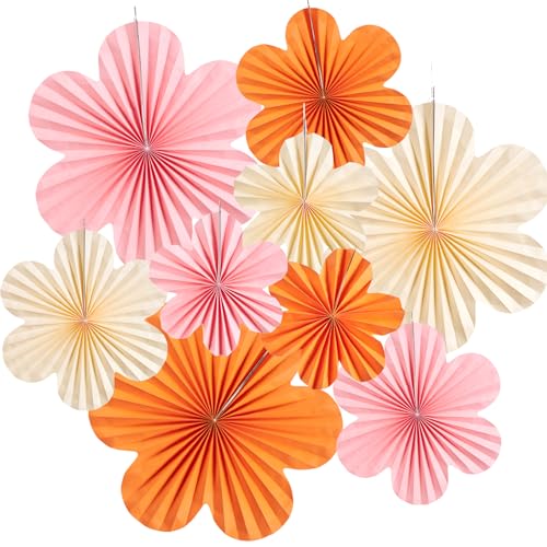 Paper Flowers Decorations for Wall Pink and Orange Paper Fans Classroom Decoration Paper Floral Backdrop Decor Paper Fans Decoration Hanging Paper Fans Pink Flower Wall Decor, Set of 9 - color: Flower-4