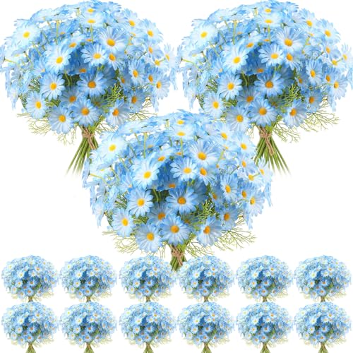 Giegxin 100 Pcs Artificial Daisy Flowers Bulk Realistic Fake Daisies Faux Wildflower Daisy UV Resistant Silk Fake Flowers Plants for Outside Wedding Garden Home Table Decor (Blue) - color: Blue