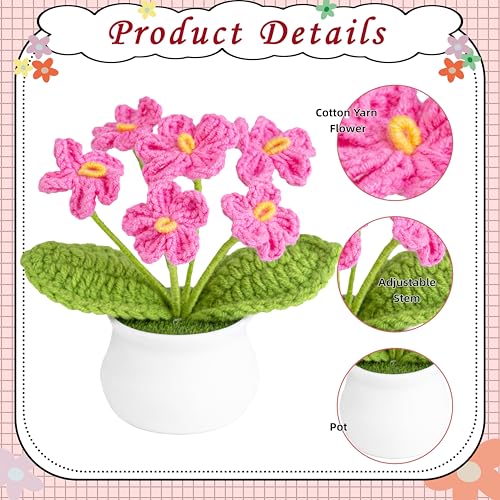 LAIDANLA Pink Crochet Flowers Forget Me Not, Mini Handmade Flower Potted Plants for Desk Accessories, Graduation Appreciation Anniversary Birthday Gifts for Women Mom Teacher Coworker Friend - color: Dark Pink