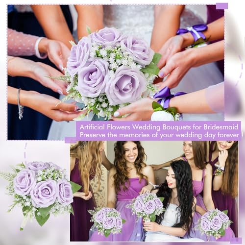 Artificial Bridesmaid Bouquets Set of 6 -7 Inch Pre-made Bridesmaid Bouquets Lilac Silk Rose Bouquet Handmade for Wedding Holding Flowers, Bridal Shower Wedding Centerpiece Ceremony and Anniversary - color: Lilac and White, size: Set of 6 Bridesmaid Bouqu